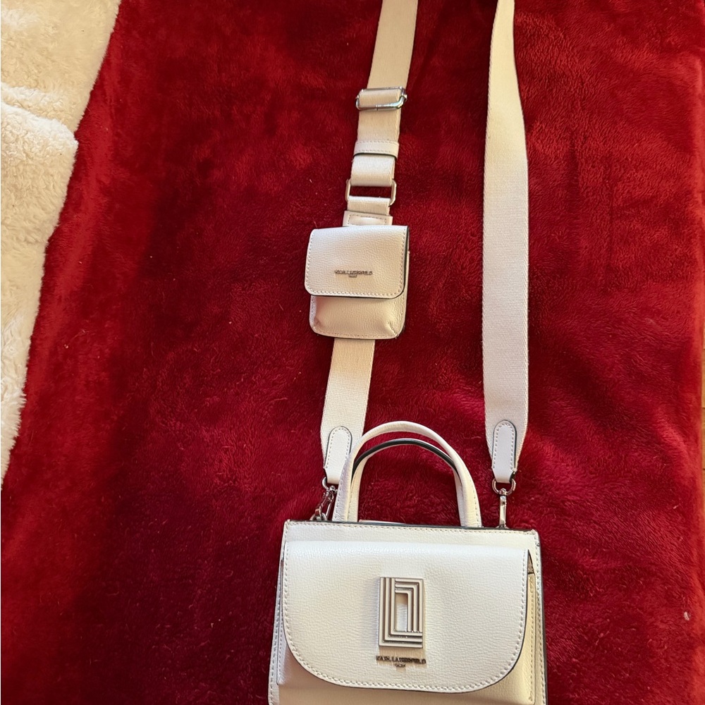 Karl Lagerfeld  Small Cream Leather Crossbody with Wide Strap and Pouch